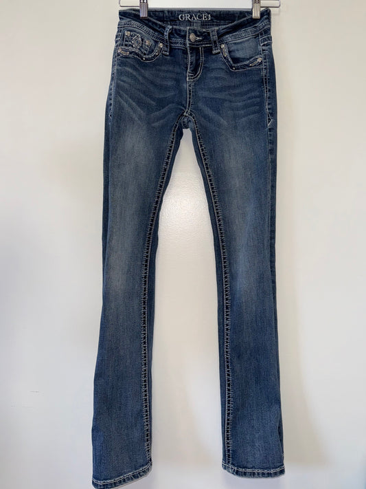 Grace (25) Denim Blue Jeans with Jeweled Pockets