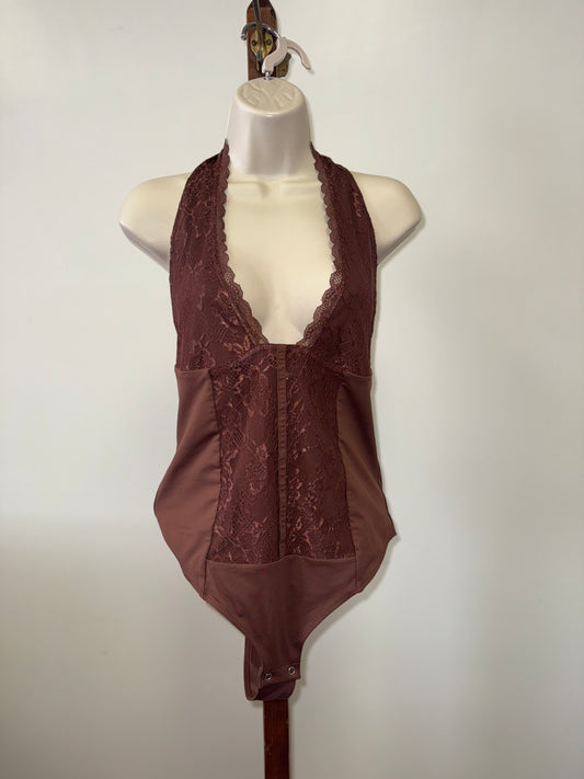 Uncooyee (Large) Brown Lace Halter Neck Bodysuit