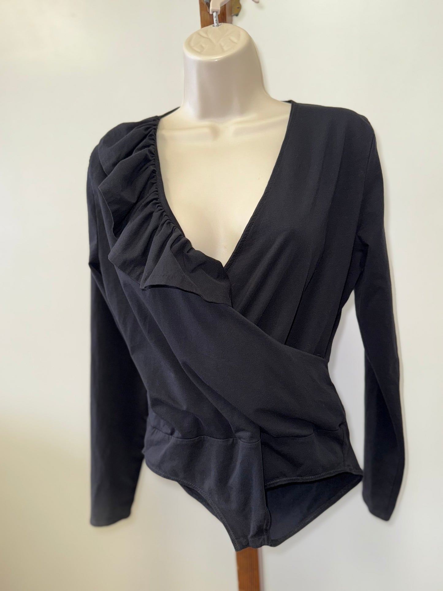 J. Crew (Medium) Black Long Sleeve Bodysuit with Cross Over Ruffle Front