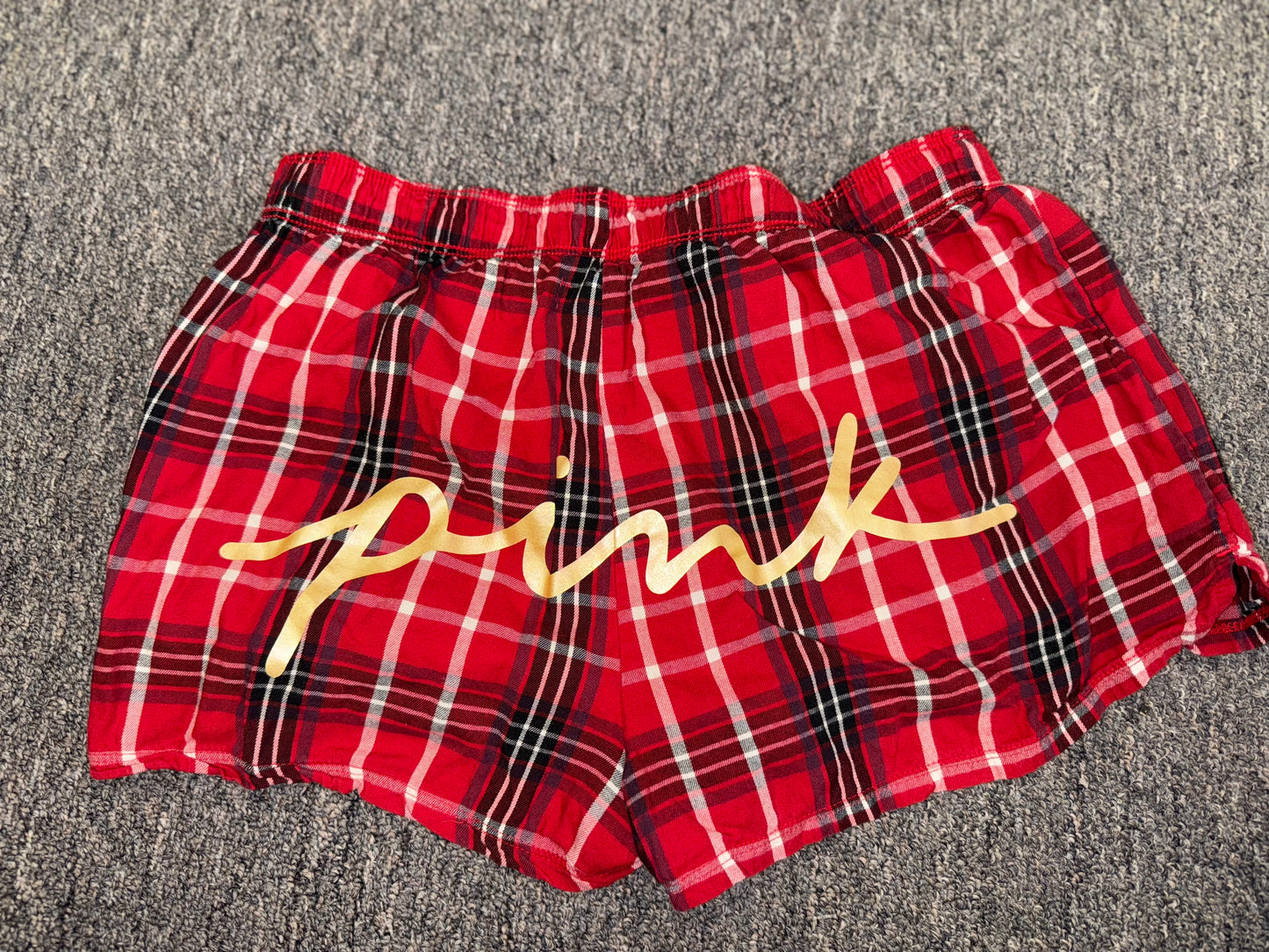 PINK Victoria's Secret (XS) Red Plaid Lounge Shorts with Gold 'PINK' Butt