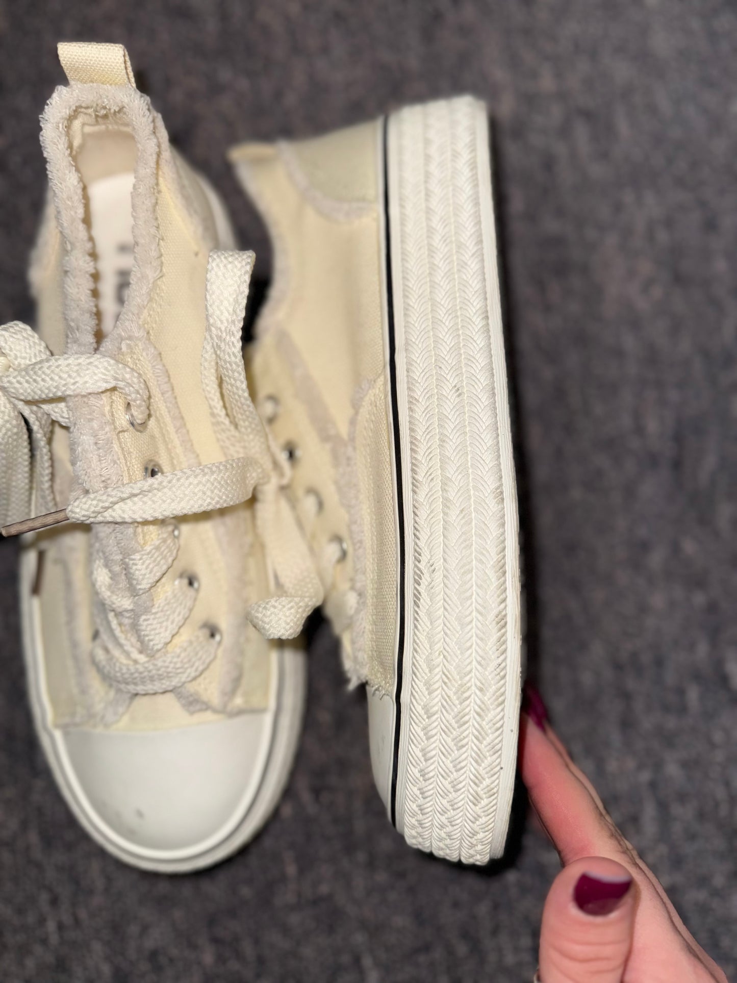 (39) Neutral Laced Sneakers with Frayed Trim