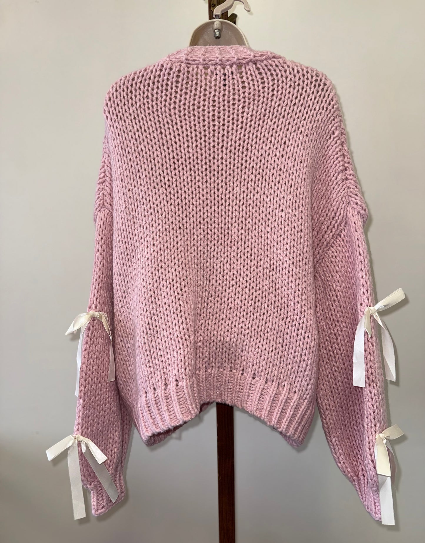 Debut (Medium//Large) Light Pink Chunky Knit Ribbon-Accent Buttoned Cardigan