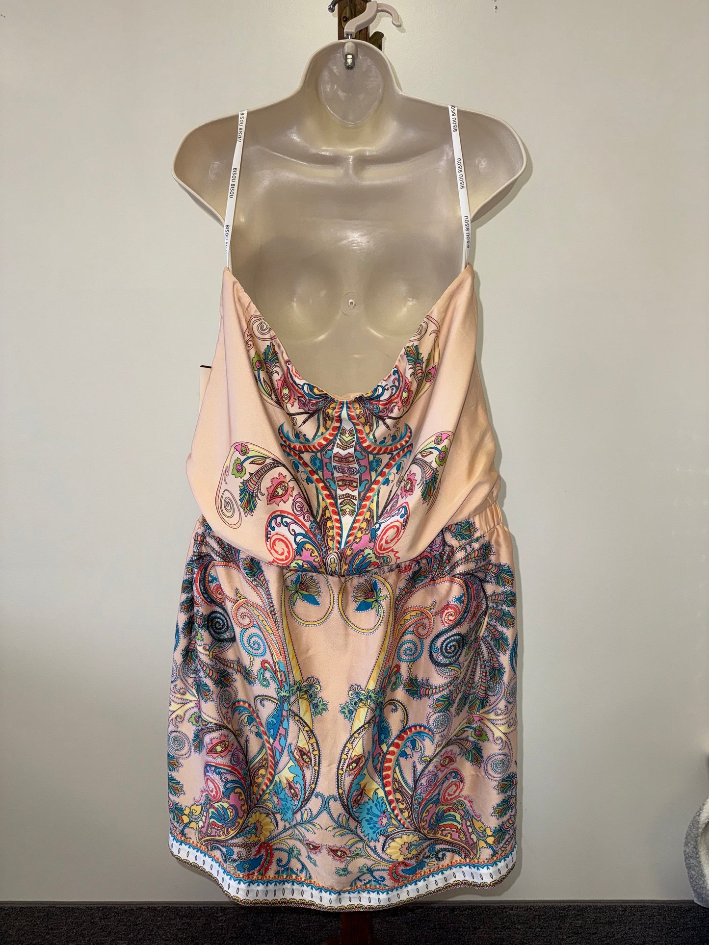 Bisou Bisou (10) Peach Strapless Midi Dress with Colorful Pattern