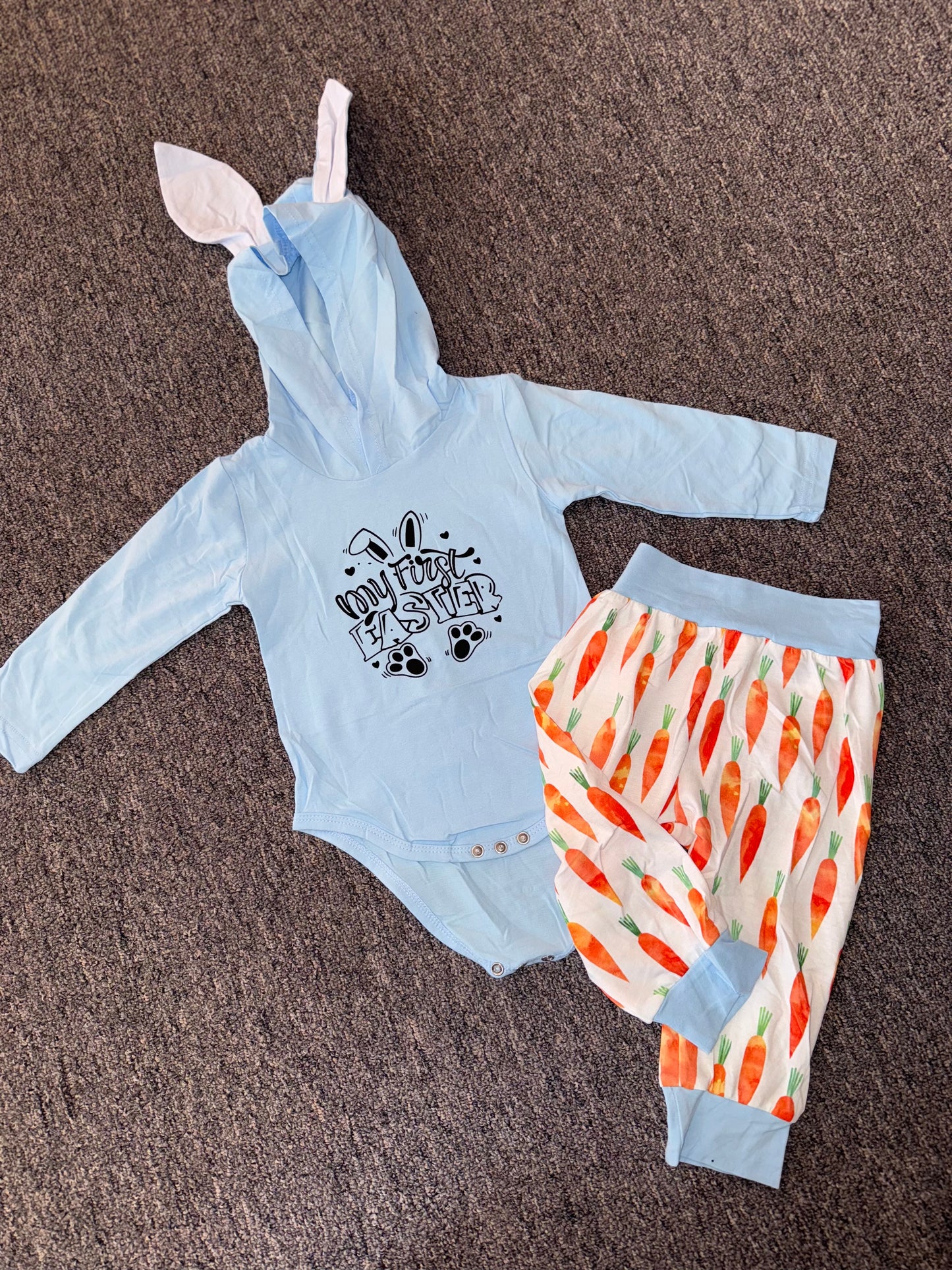 (3-6 OR 9-12 Months) Brand New 'My First Easter' Bunny Ear Onesie & Carrot Pants