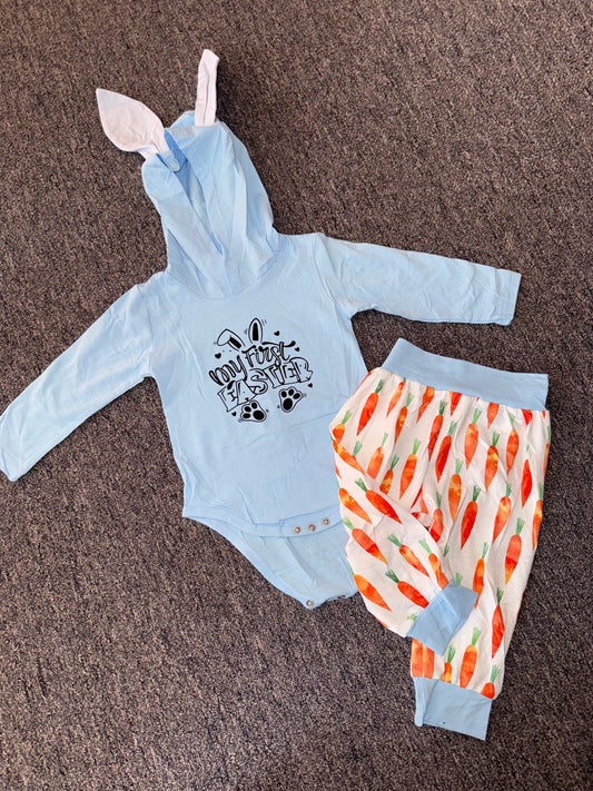 (3-6 OR 9-12 Months) Brand New 'My First Easter' Bunny Ear Onesie & Carrot Pants
