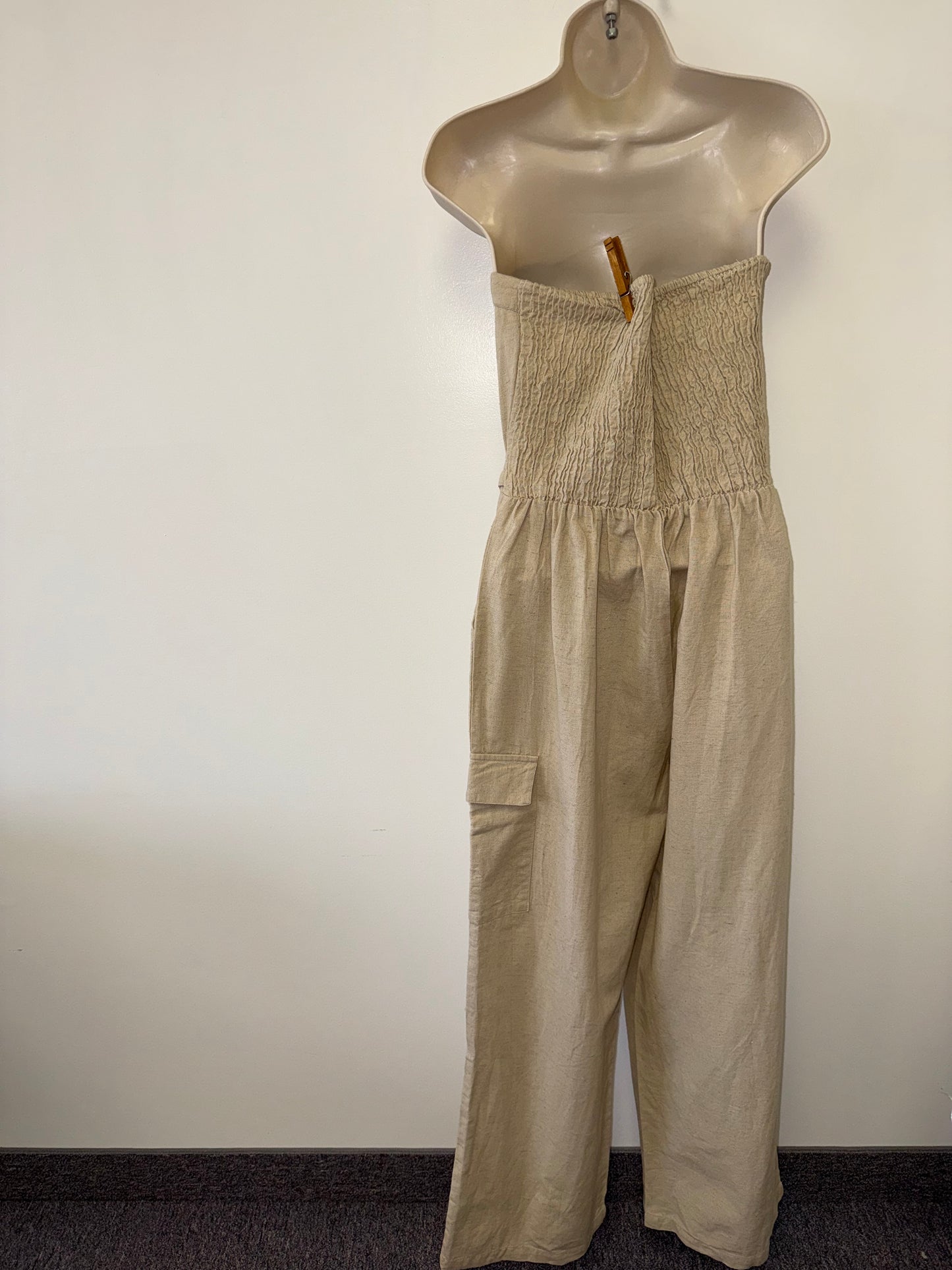 NWT Sim & Sam (Large) Brand New Tan Linen Blend Strapless Jumpsuit with Belt