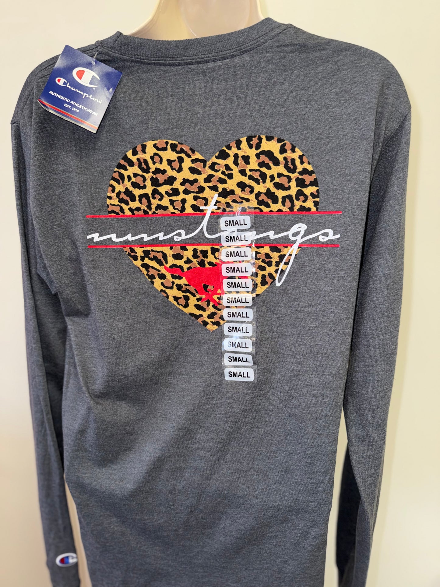 NWT Champion (Small) Brand New Grey Long Sleeve Cheetah Print Heart ‘Mustang’ Top