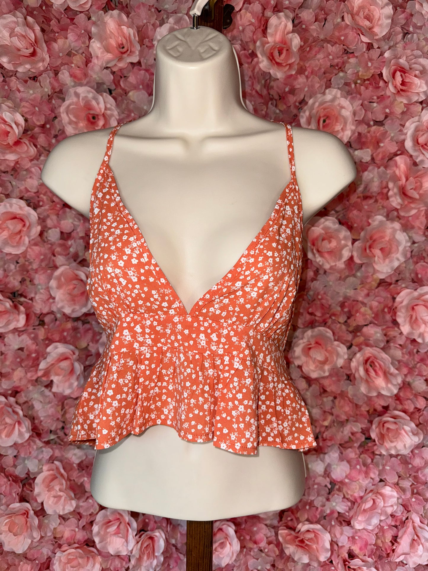 SHEIN (Medium) Orange//White Floral V-Neck Halter Tied Neck Crop Top