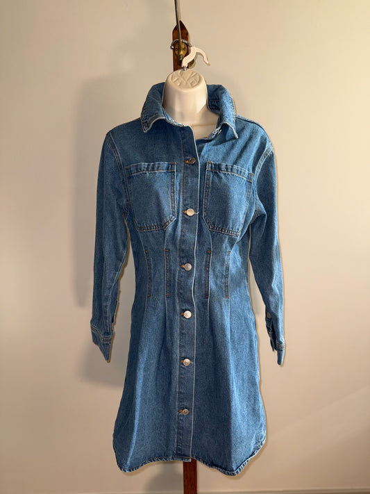 NWT Crescent (Small) Brand New Blue Denim Button Up Dress with Corset Waist