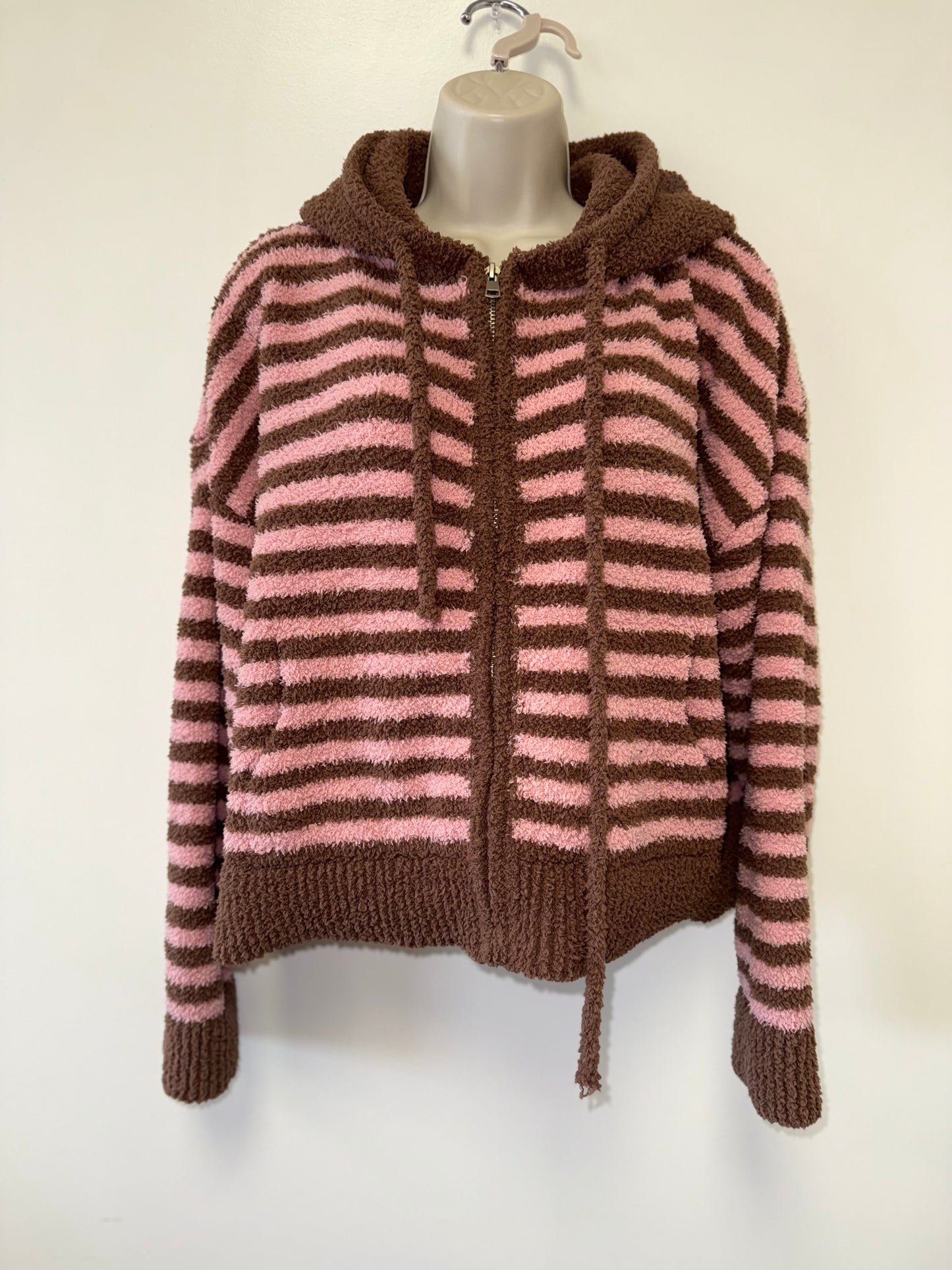 Butter Melon (Small) Brown and Pink Striped Super Soft Zip Up Jacket with Hood