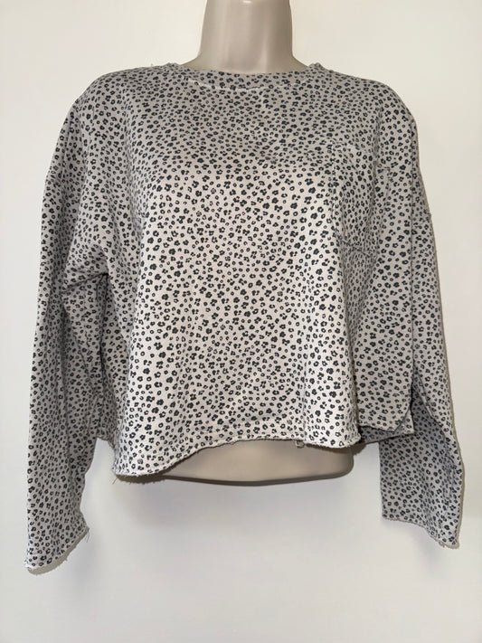 Pink Rose (Large) Cream Cut-Off Cropped Crewneck w/ Grey Cheetah Print Pattern