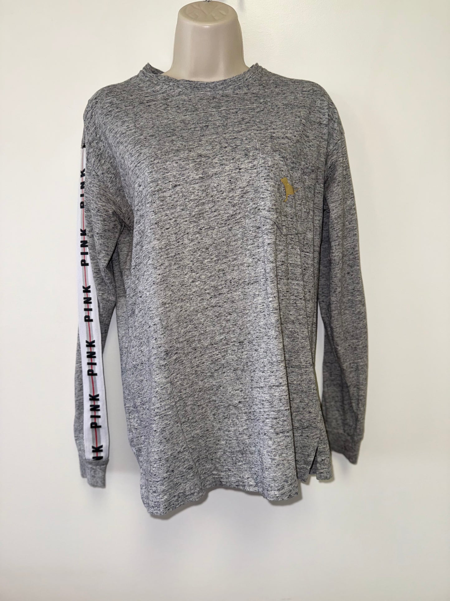 PINK Victoria's Secret (XS) Grey/White Striped Logo Sleeves & Gold Sequin Dog