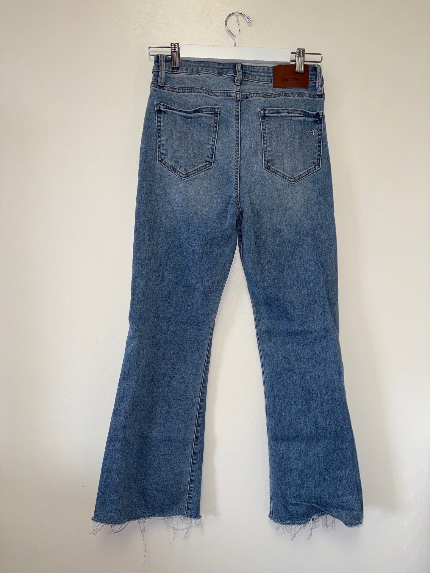 Hidden (28) Blue Denim Bootcut High Rise Jeans with Frayed Bottom Hem