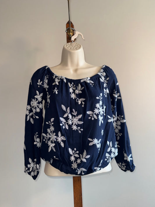Aeropostale (Small) Navy Blue embroidered Floral Off-The-Shoulder Blouse