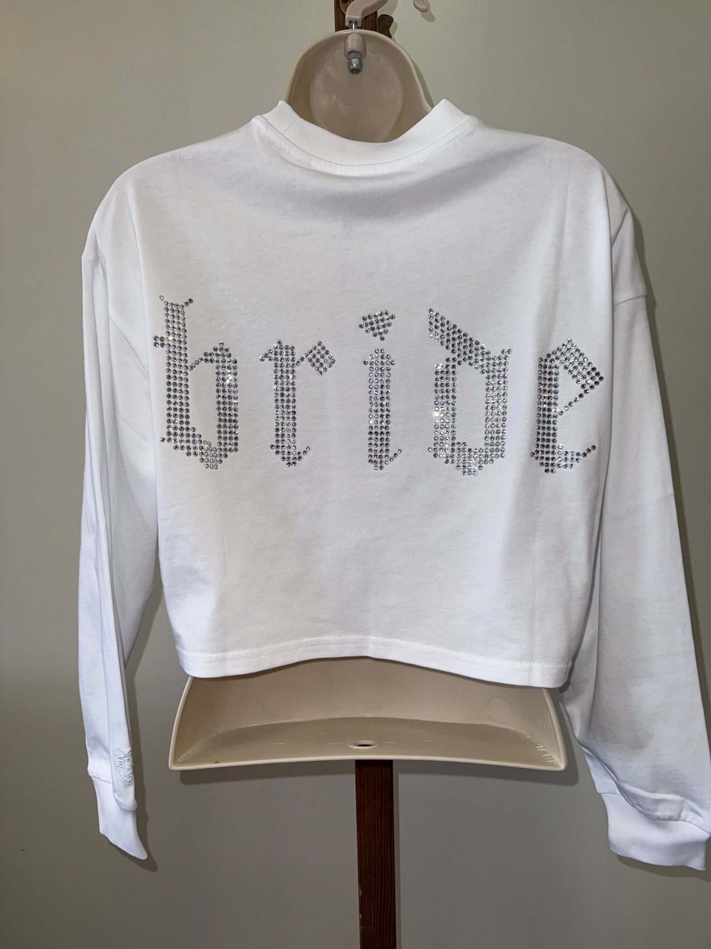 NWT Bride Merch (Small OR XS) Brand New Jeweled 'Bride' White Long Sleeve Crop Top