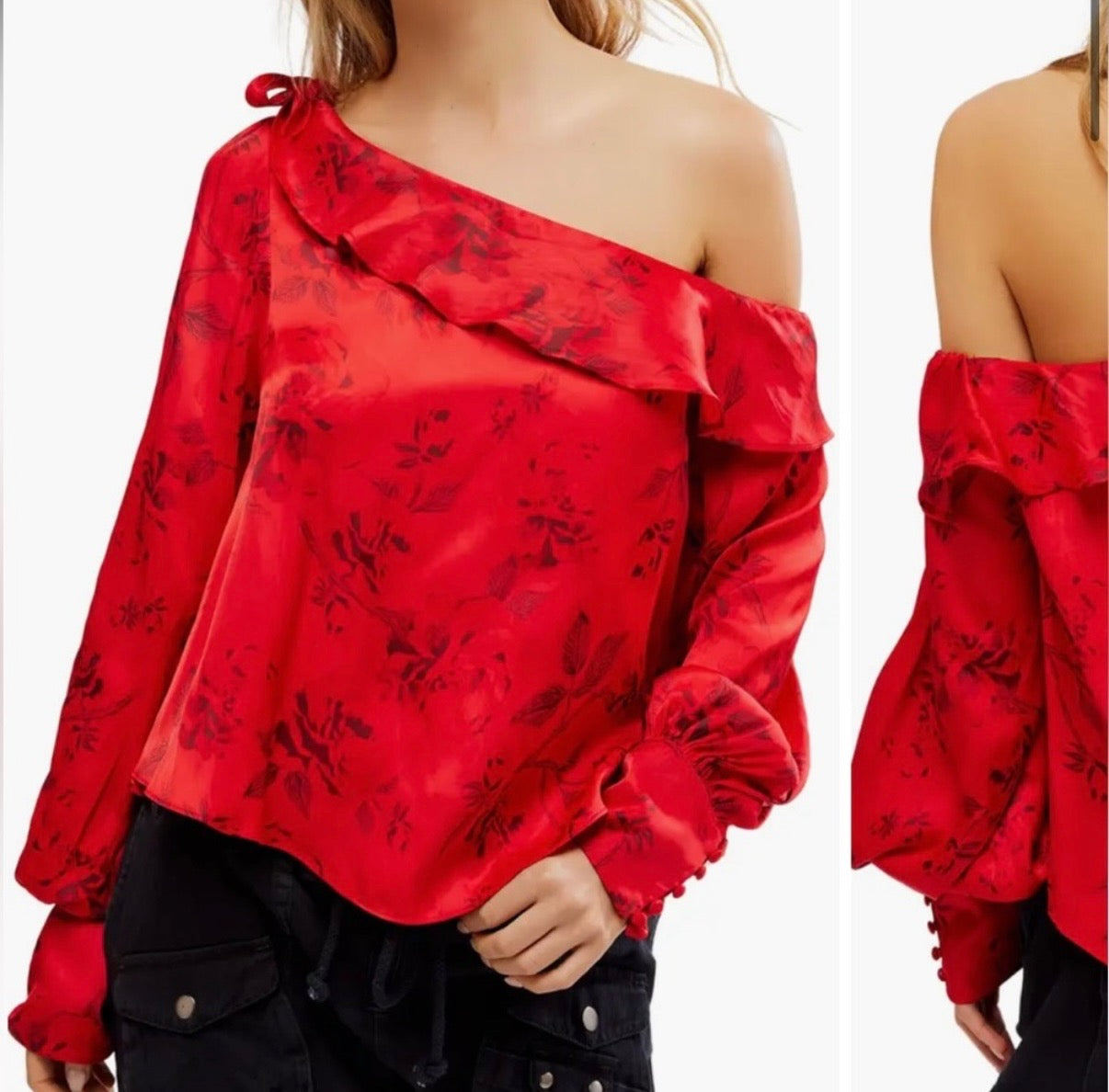 NWT Free People (M) Brand New Red Satin Off-Shoulder Blouse w/ Subtle Flowers