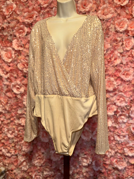 SHEIN (4XL) Gold Sequin Criss Cross V-Neck Long Sleeve Bodysuit