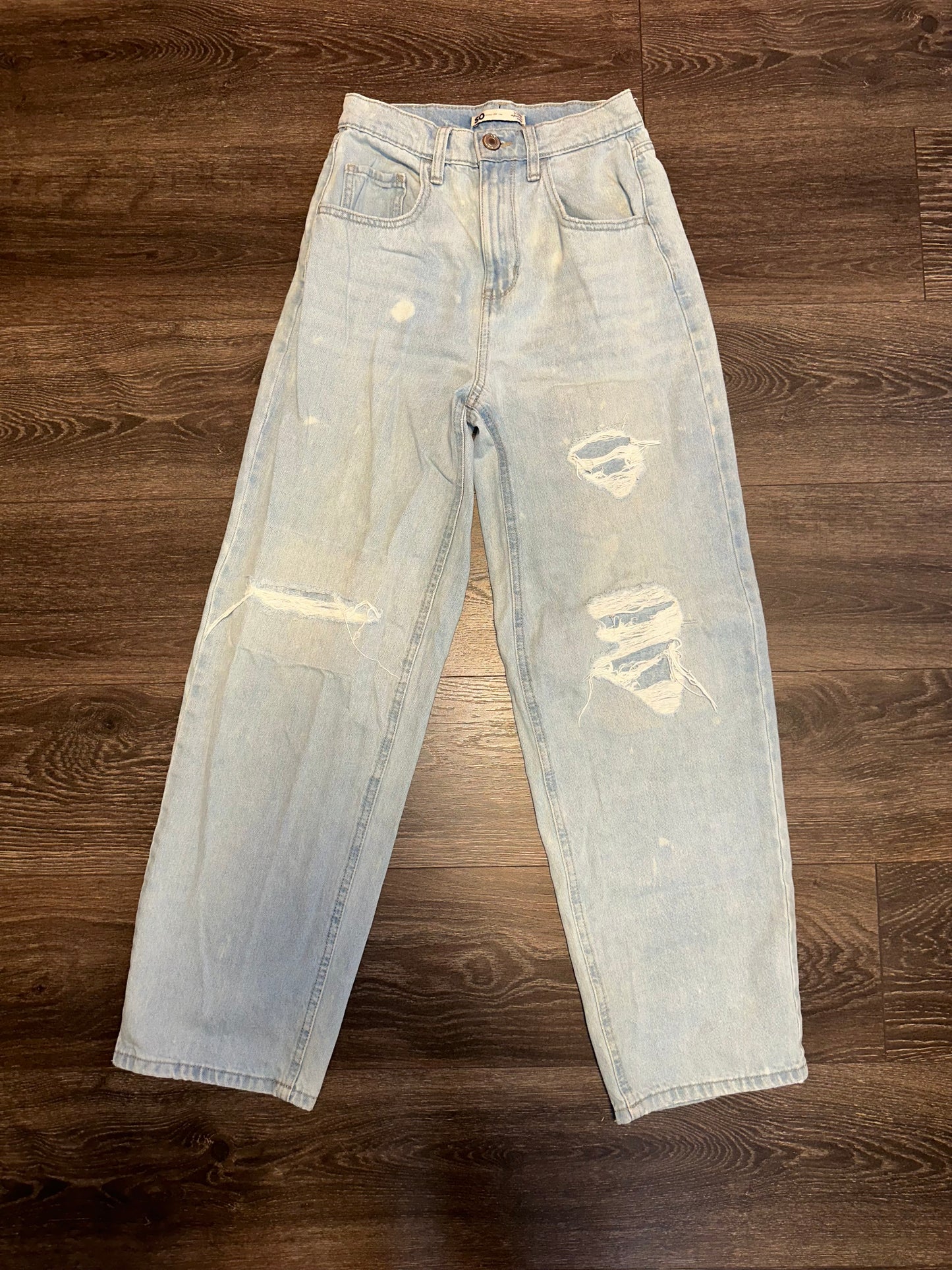 SO (3) Light Wash Highest Rise Baggy Bleach Pattern Denim Ripped (patched) Jeans