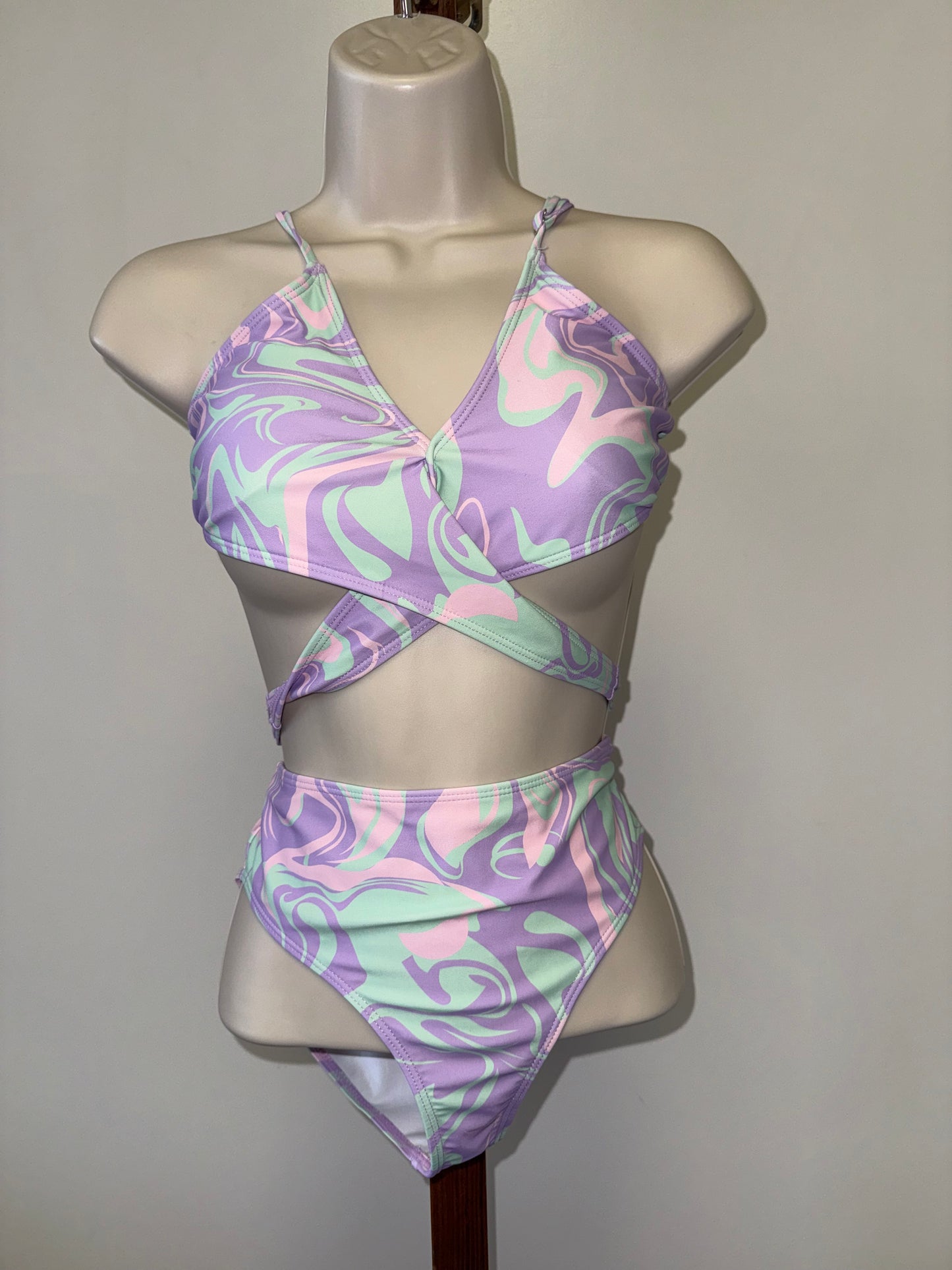 SHEIN (Teen 12Y-13Y) Purple/Green Swirl Pattern 3 Piece Swim Suit