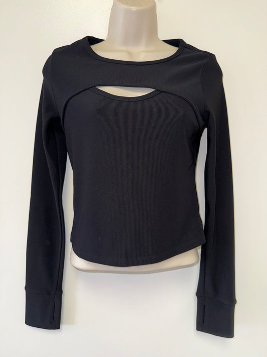 Move Theology (Large) Black Ribbed Long Sleeve Crop Top with Open Slit Front