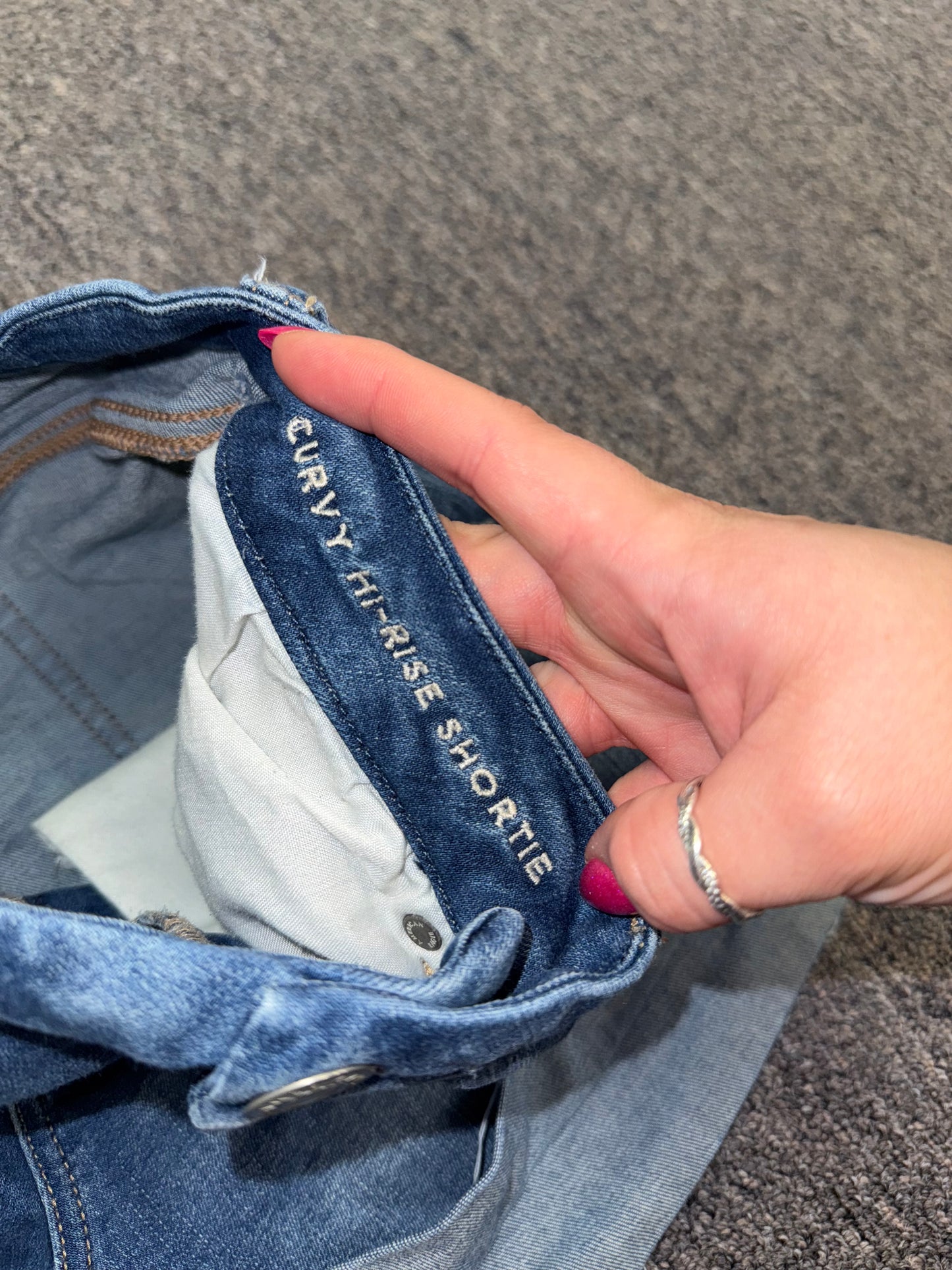 American Eagle (12) Distressed Denim Curvy High Rise Shortie Jean Shorts