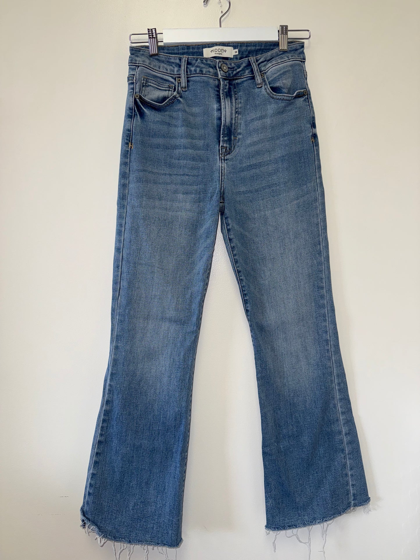 Hidden (28) Blue Denim Bootcut High Rise Jeans with Frayed Bottom Hem