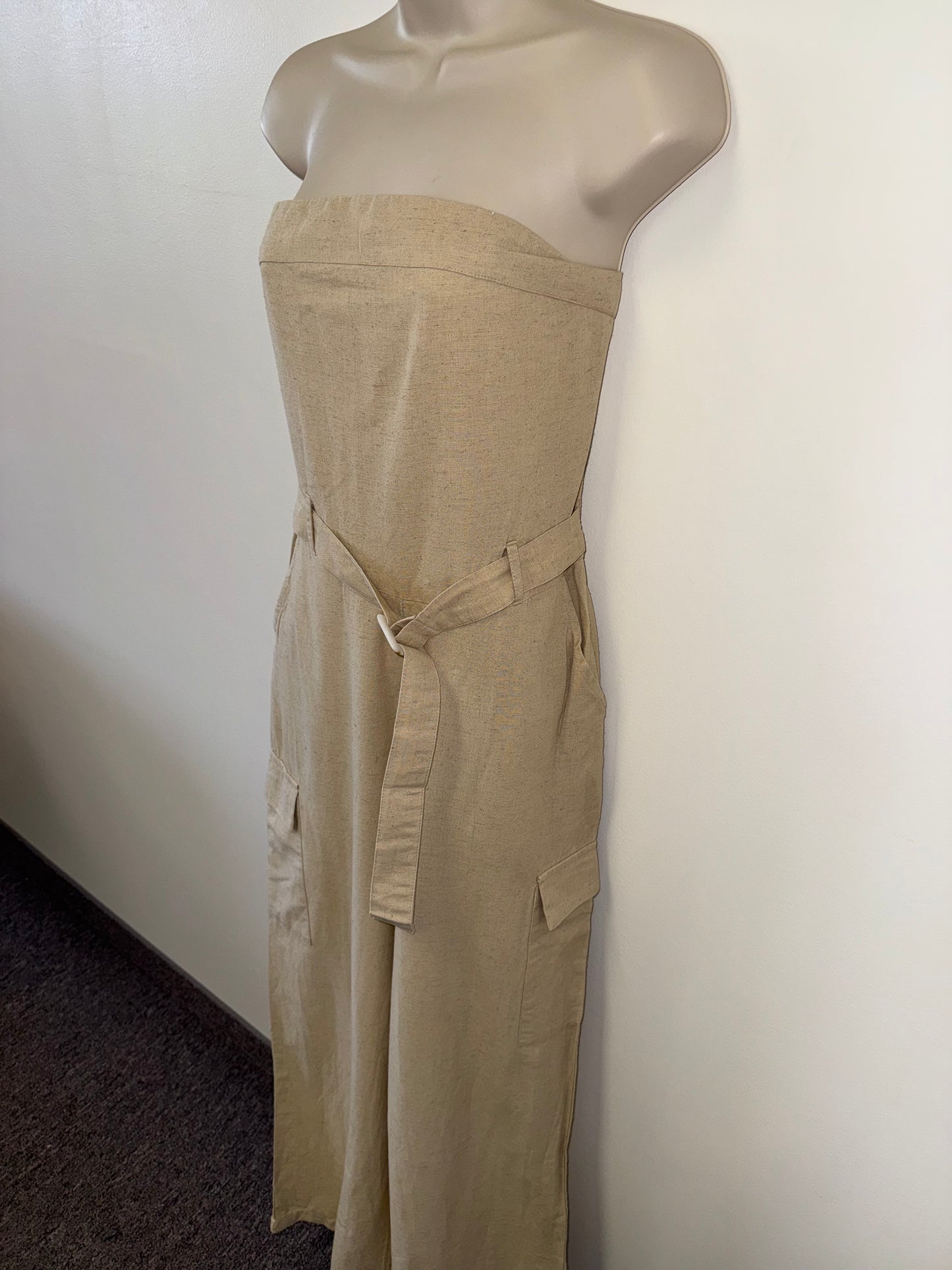 NWT Sim & Sam (Large) Brand New Tan Linen Blend Strapless Jumpsuit with Belt