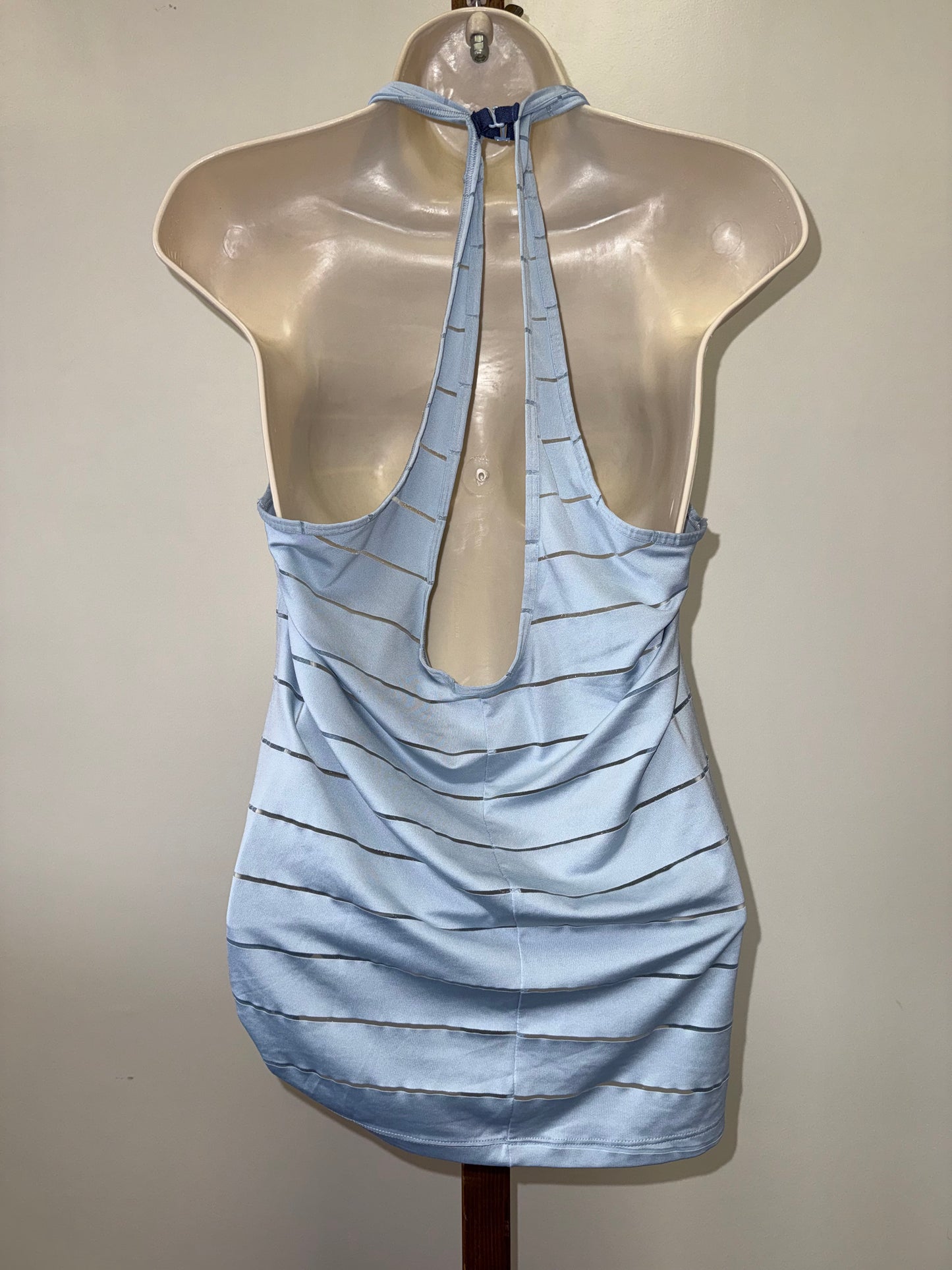 Athleta (Medium) Blue with See Thru Stripes Racerback Open Back Tank Top