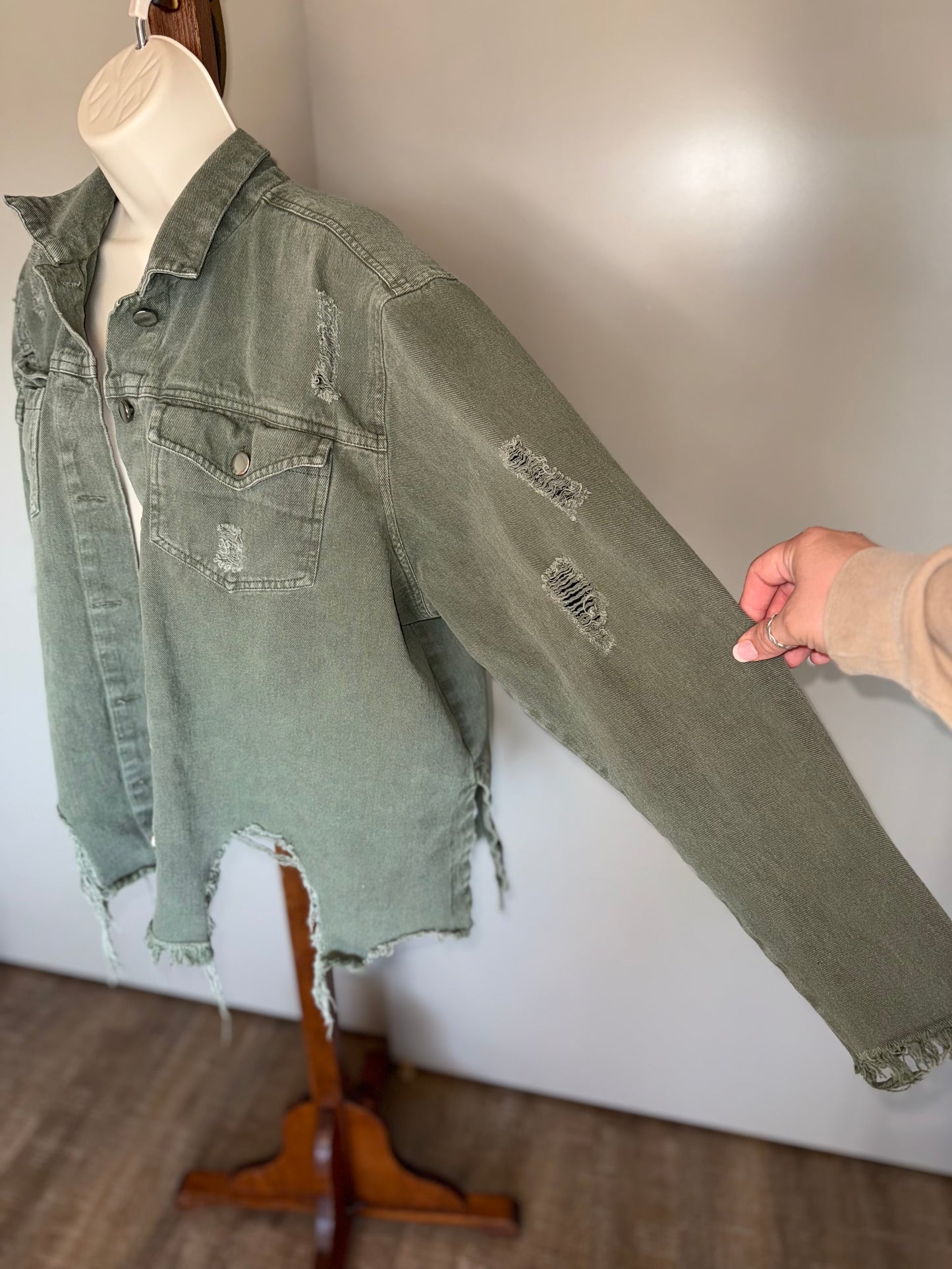 Rue21 (2X) Green Distressed Denim Jean Jacket