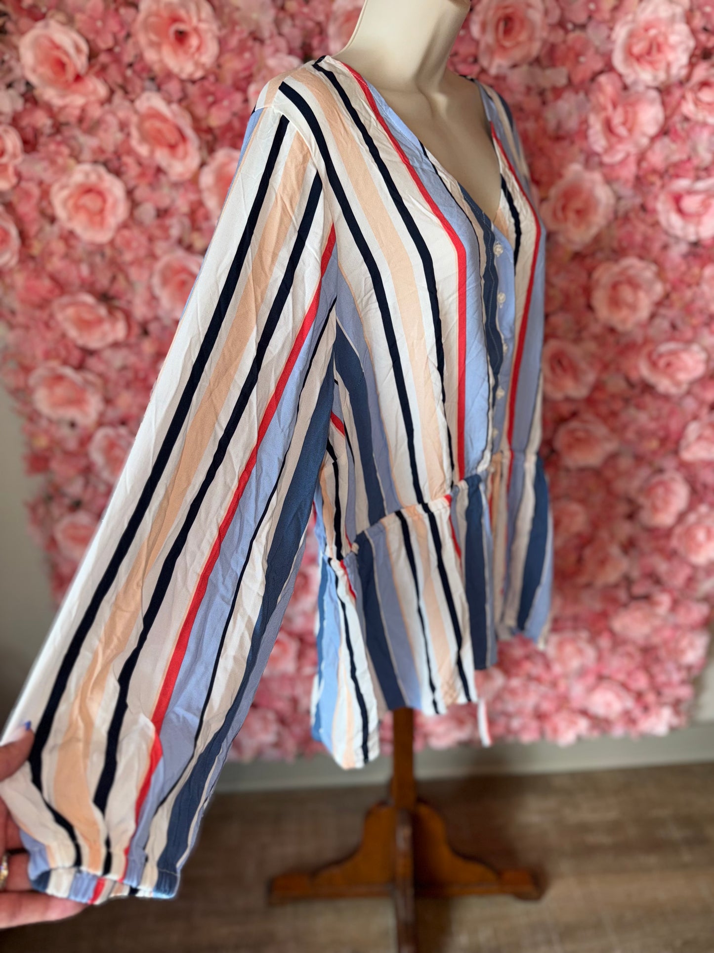 Lane Bryant (22) Colorful Neutral Striped 3/4 Button Up V-Neck Blouse