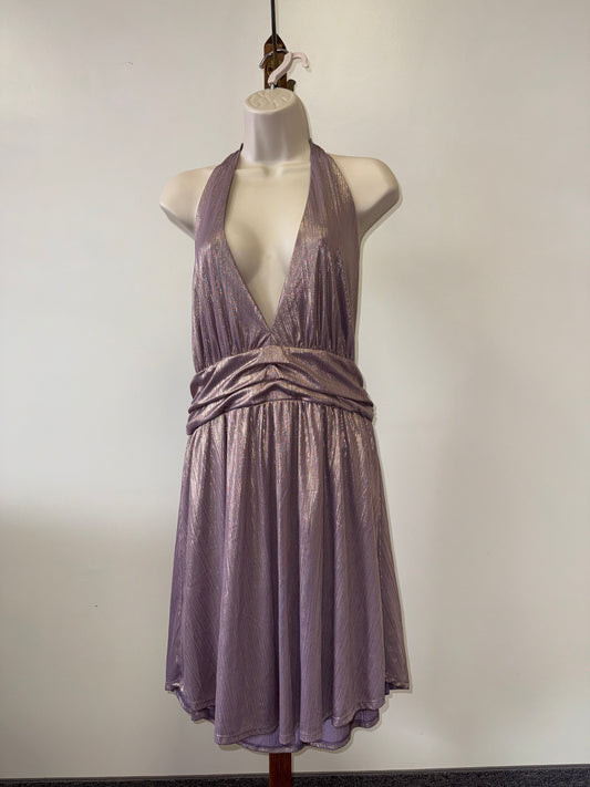 Wild Fable (Medium) Purple Metallic V-Neck Halter Neck Midi Dress W/ Open Back