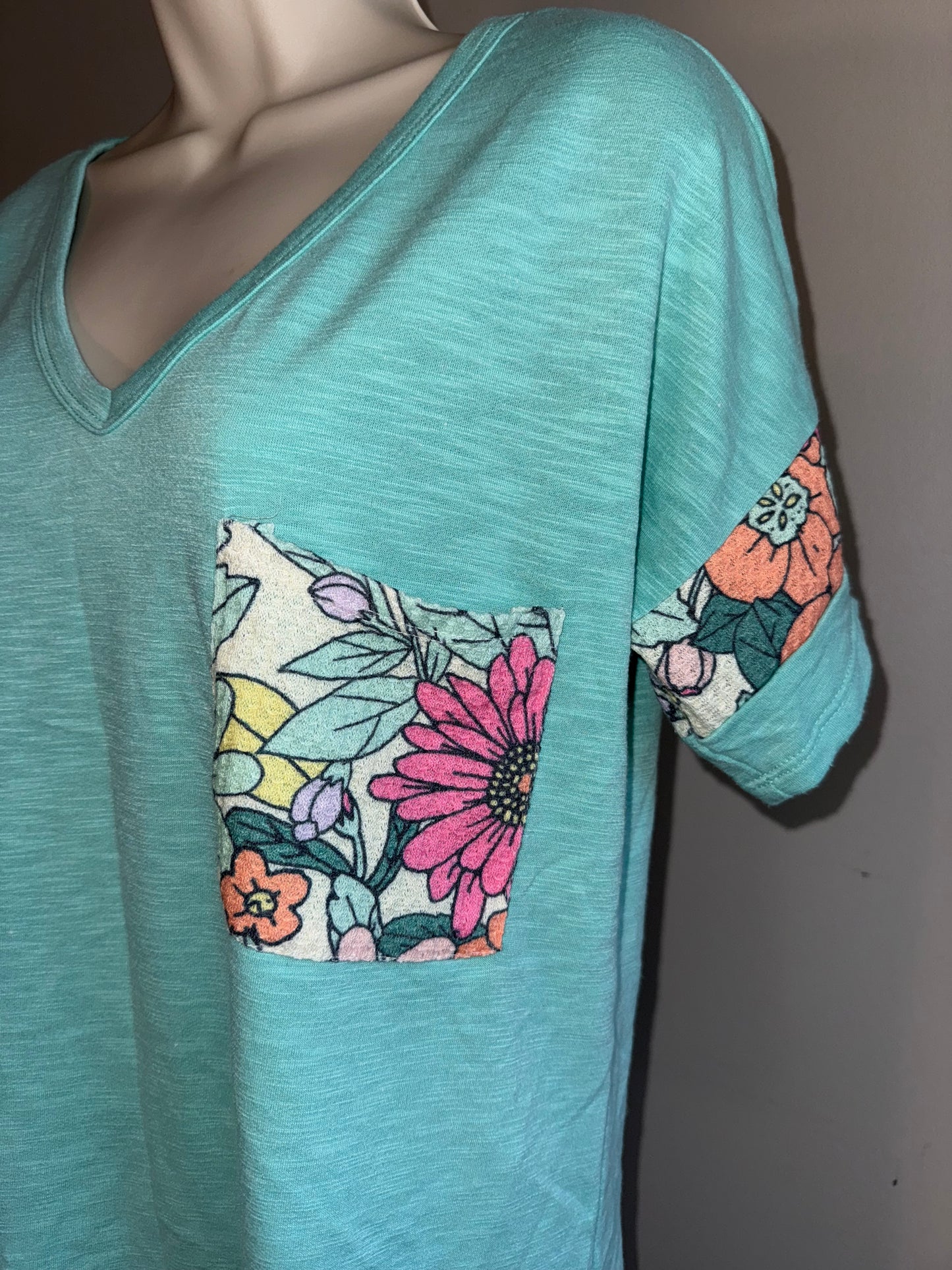 BiBi (Large) Blue Short Sleeve Tee with Floral Pattern Pocket