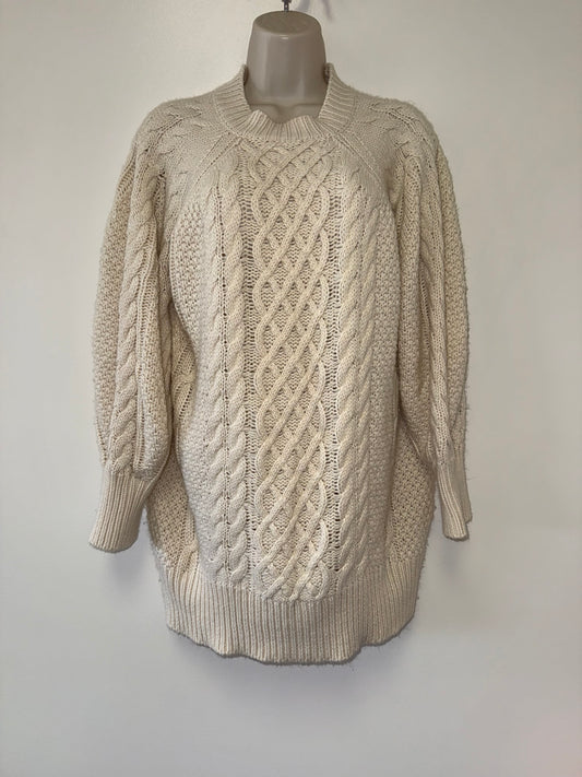 (Small) Cream Cable Knit Mini Long Sleeve Sweater Dress