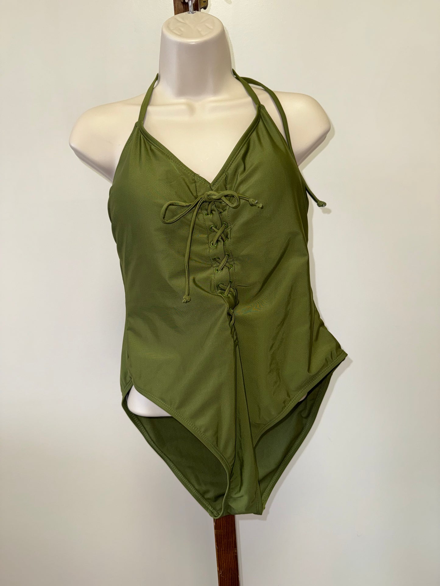 NWT NOBO (XL) Brand New Green One Piece Halter Cheeky High Leg Swimsuit