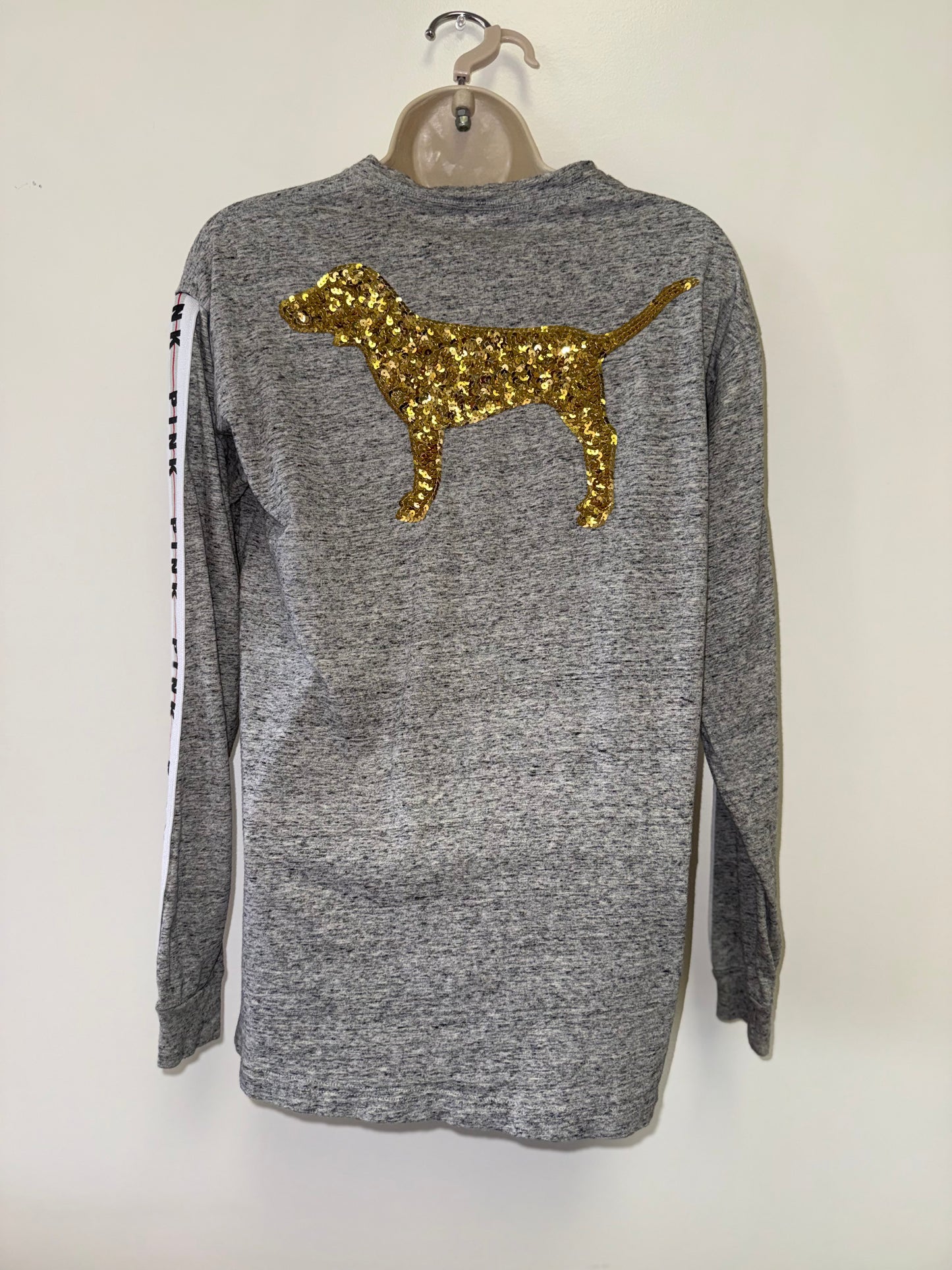 PINK Victoria's Secret (XS) Grey/White Striped Logo Sleeves & Gold Sequin Dog