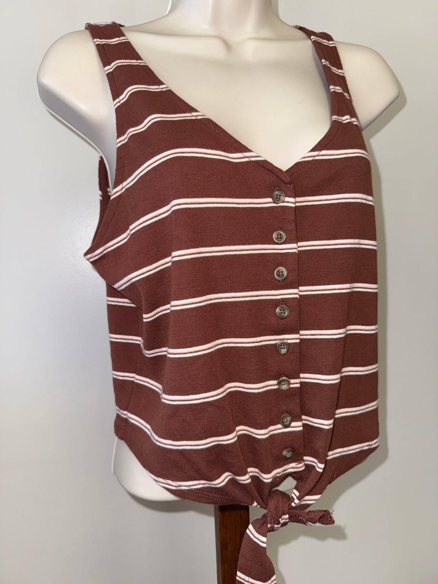 American Eagle (Medium) Brown/White Striped Button Up Tank Top with Tied Hem
