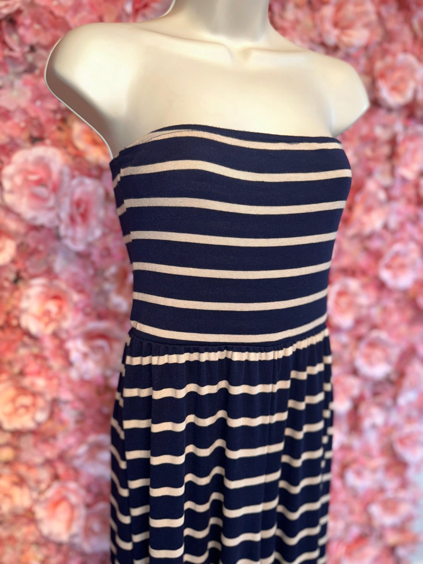 By Together (Small) Navy Blue Striped Strapless Jumpsuit