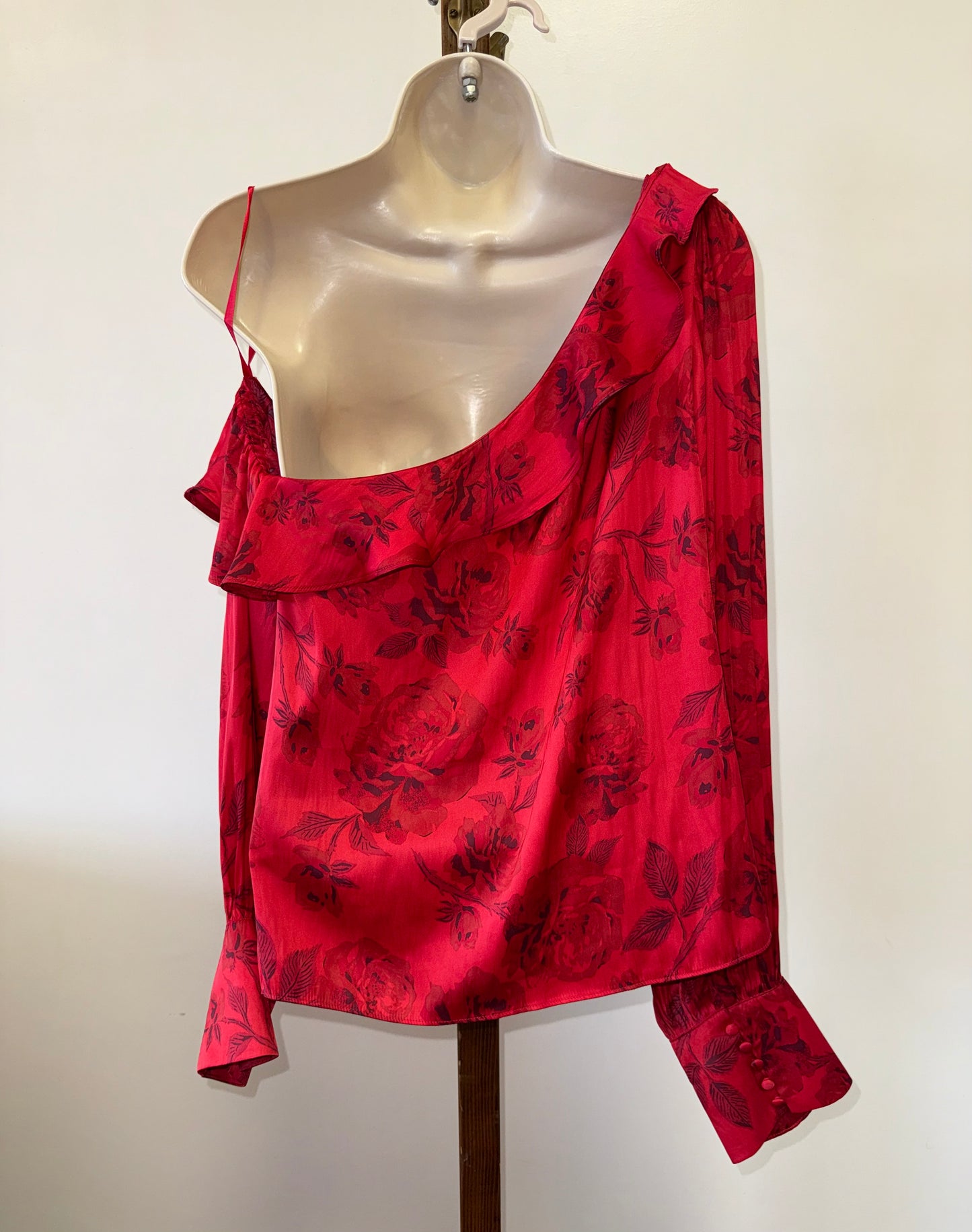 NWT Free People (M) Brand New Red Satin Off-Shoulder Blouse w/ Subtle Flowers