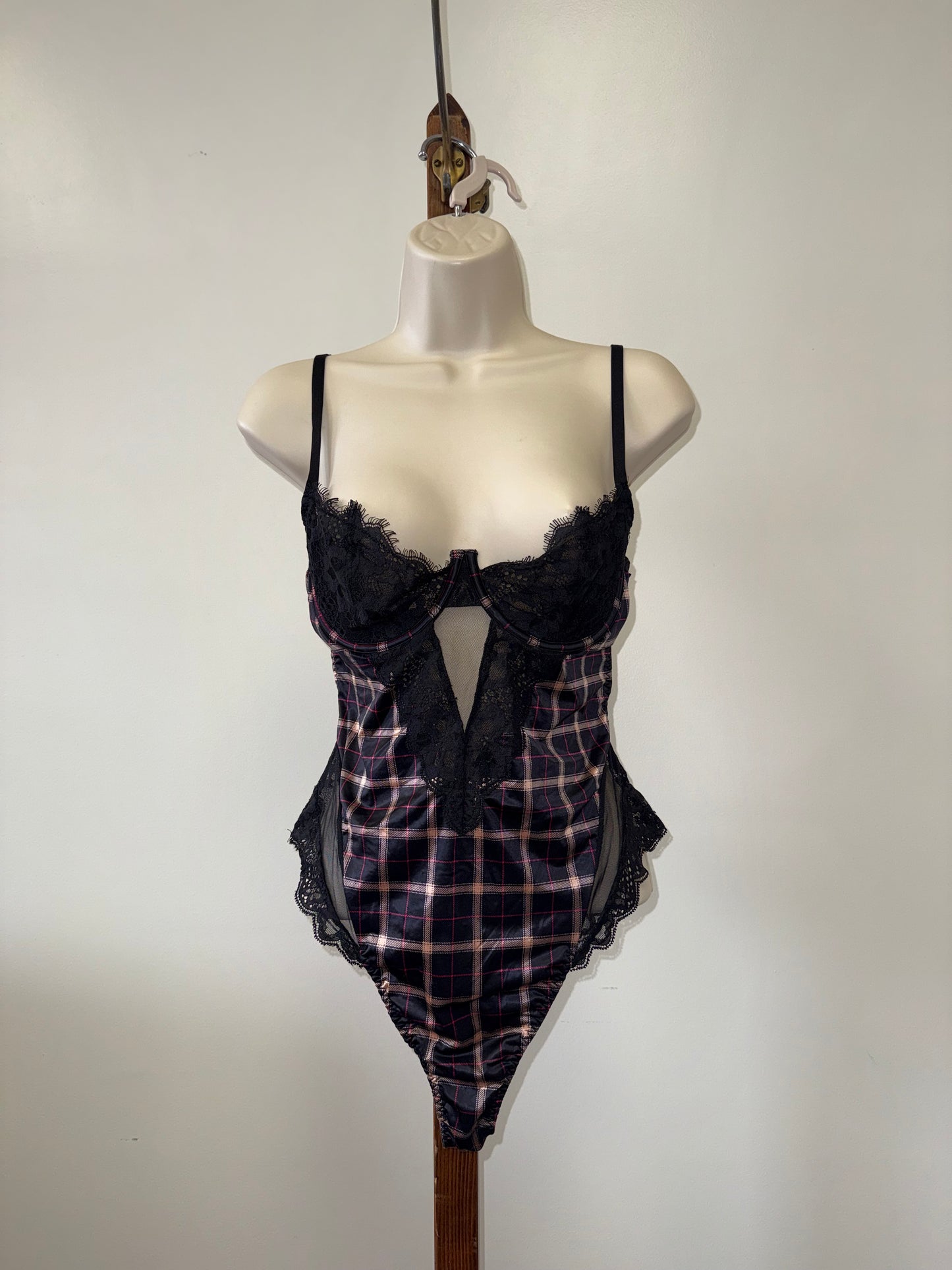 Victoria's Secret (Large) Black Plaid Lace Lingerie Bodysuit