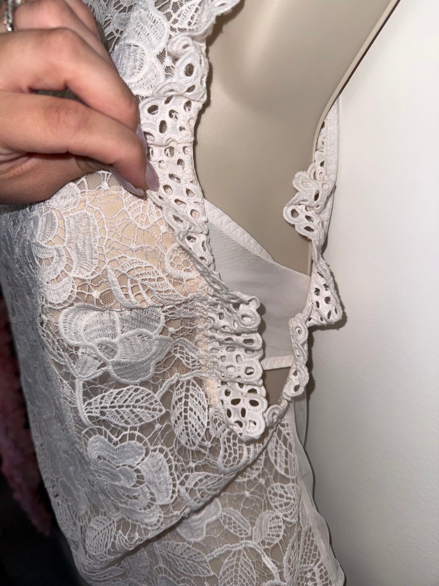 Victoria's Secret (Medium) White/Nude Lace Bodysuit with High Neck