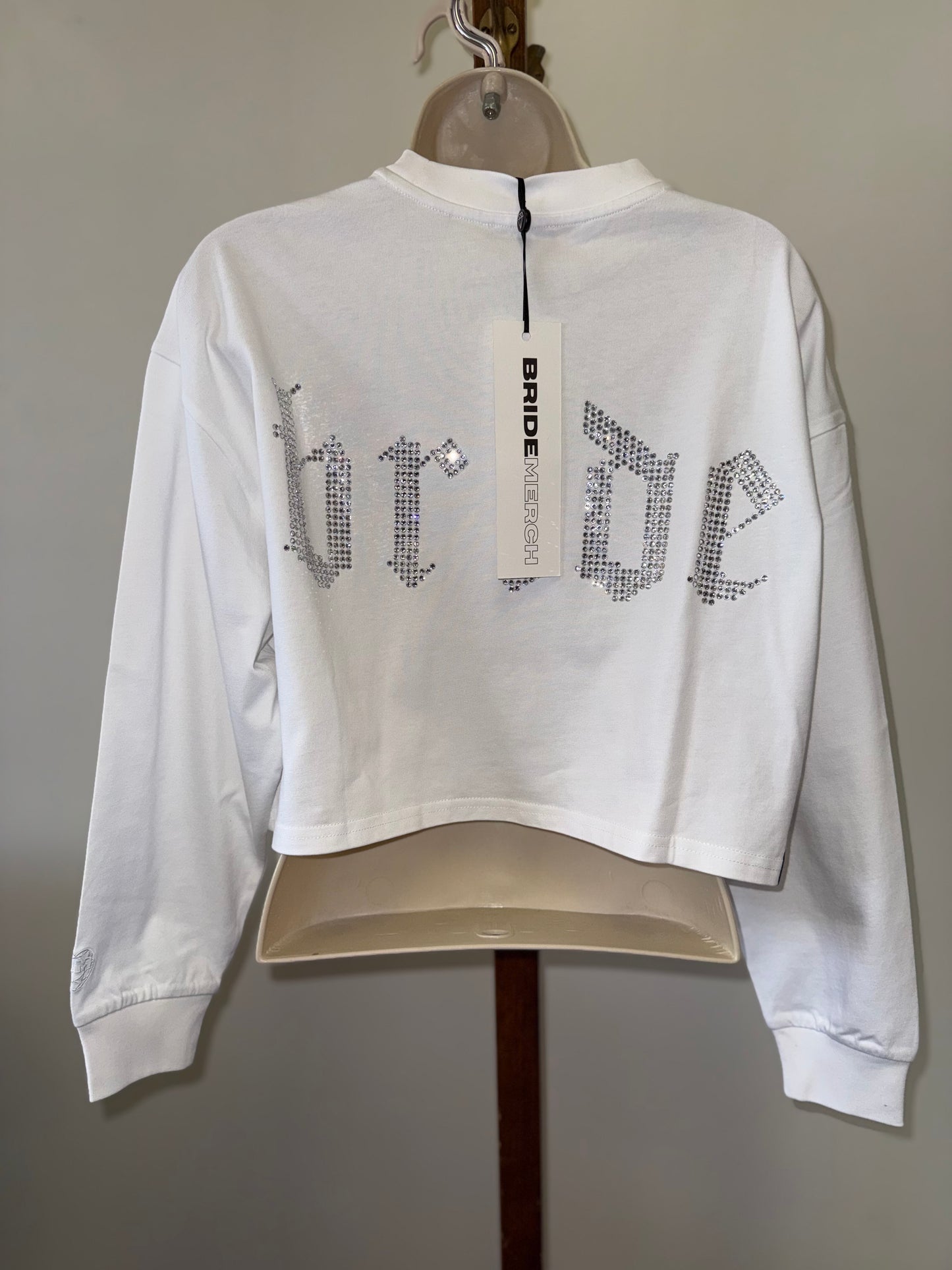 NWT Bride Merch (Small OR XS) Brand New Jeweled 'Bride' White Long Sleeve Crop Top