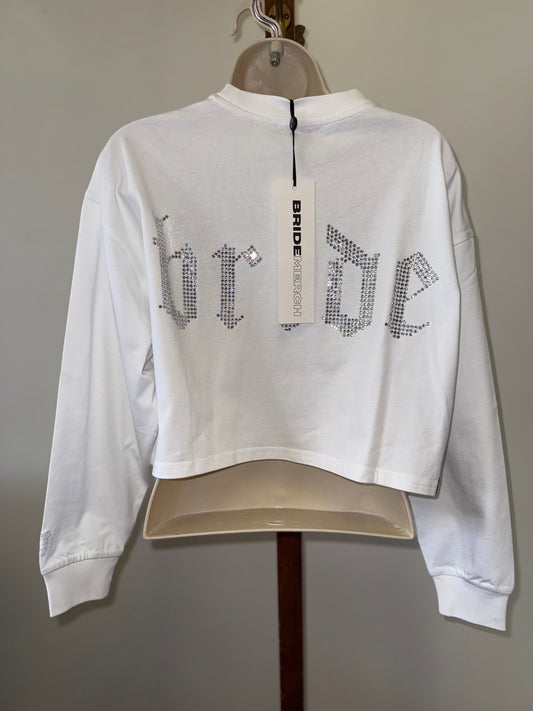 NWT Bride Merch (Small OR XS) Brand New Jeweled 'Bride' White Long Sleeve Crop Top