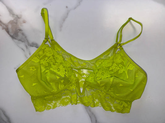aerie (Medium) Neon Green/Yellow Floral Lace Bralette with V-Neck Cutout