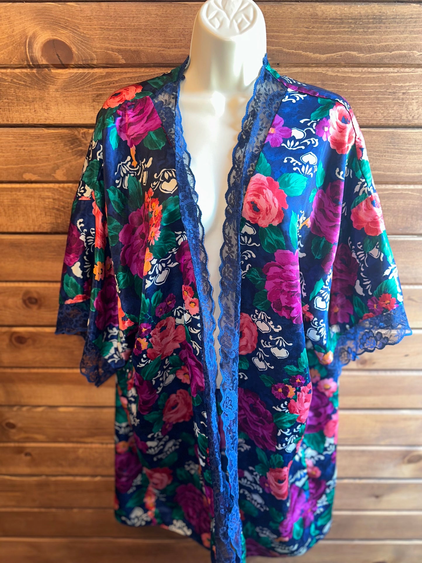 Delicates Vintage Blue Floral Lightweight Robe with Lace Trim