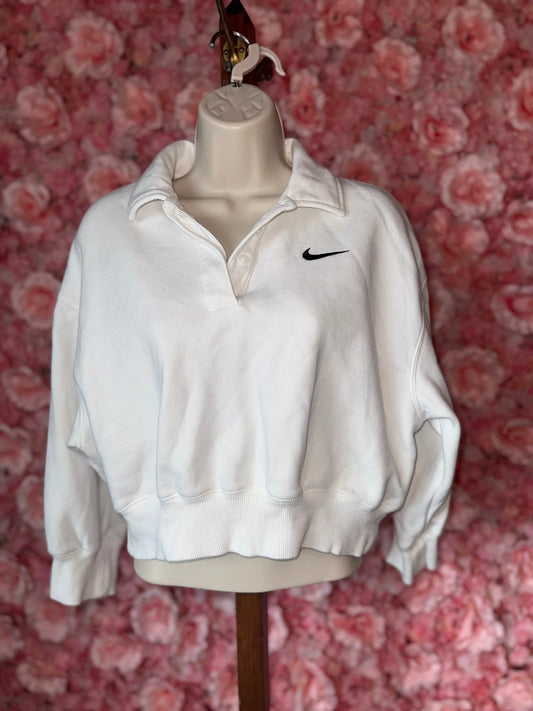 Nike (Small) White Cropped 3/4 Button Up Pullover Sweatshirt