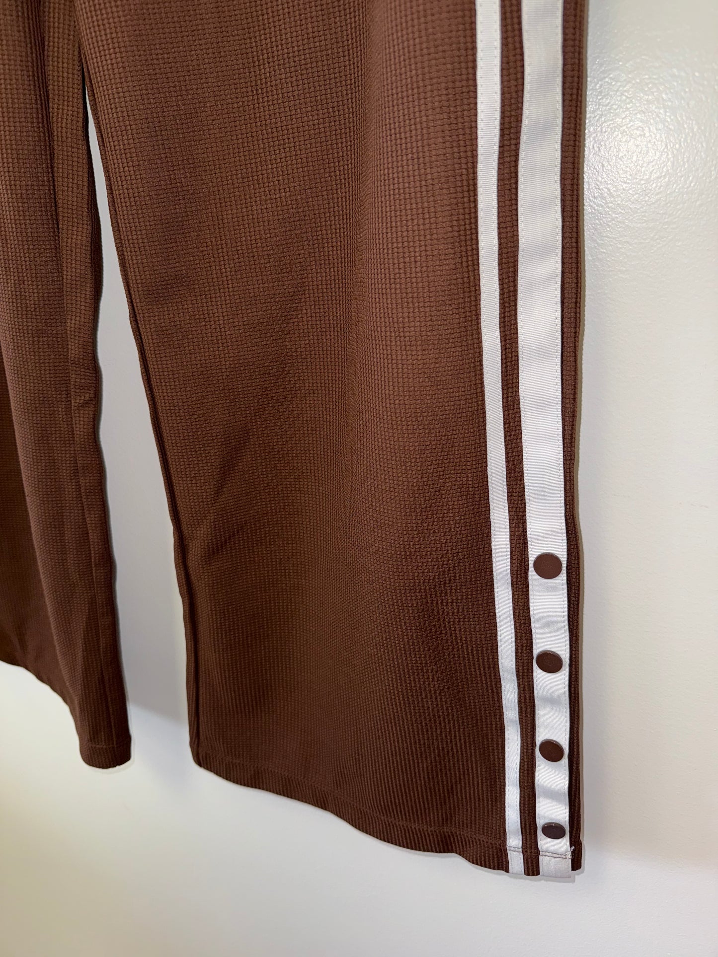 Halara (XL) Brown Waffle Knit Wide Leg Track Pants with Buttoned Bottom Hem