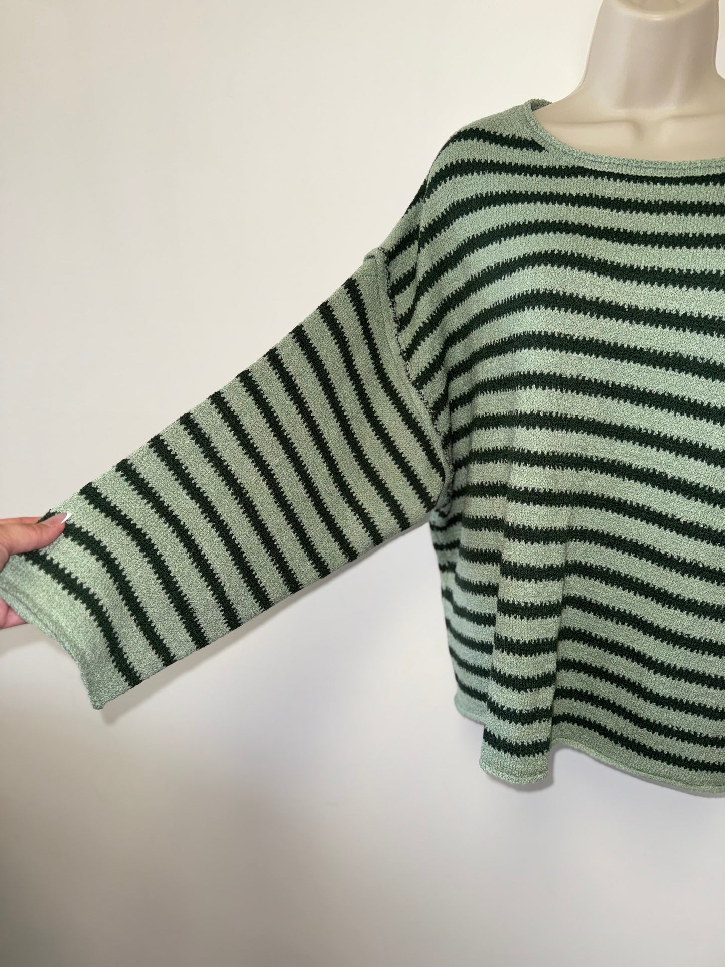 NWT Promesa (Small) Brand New Green Striped Soft Knit Sweater w/ Wide Sleeves