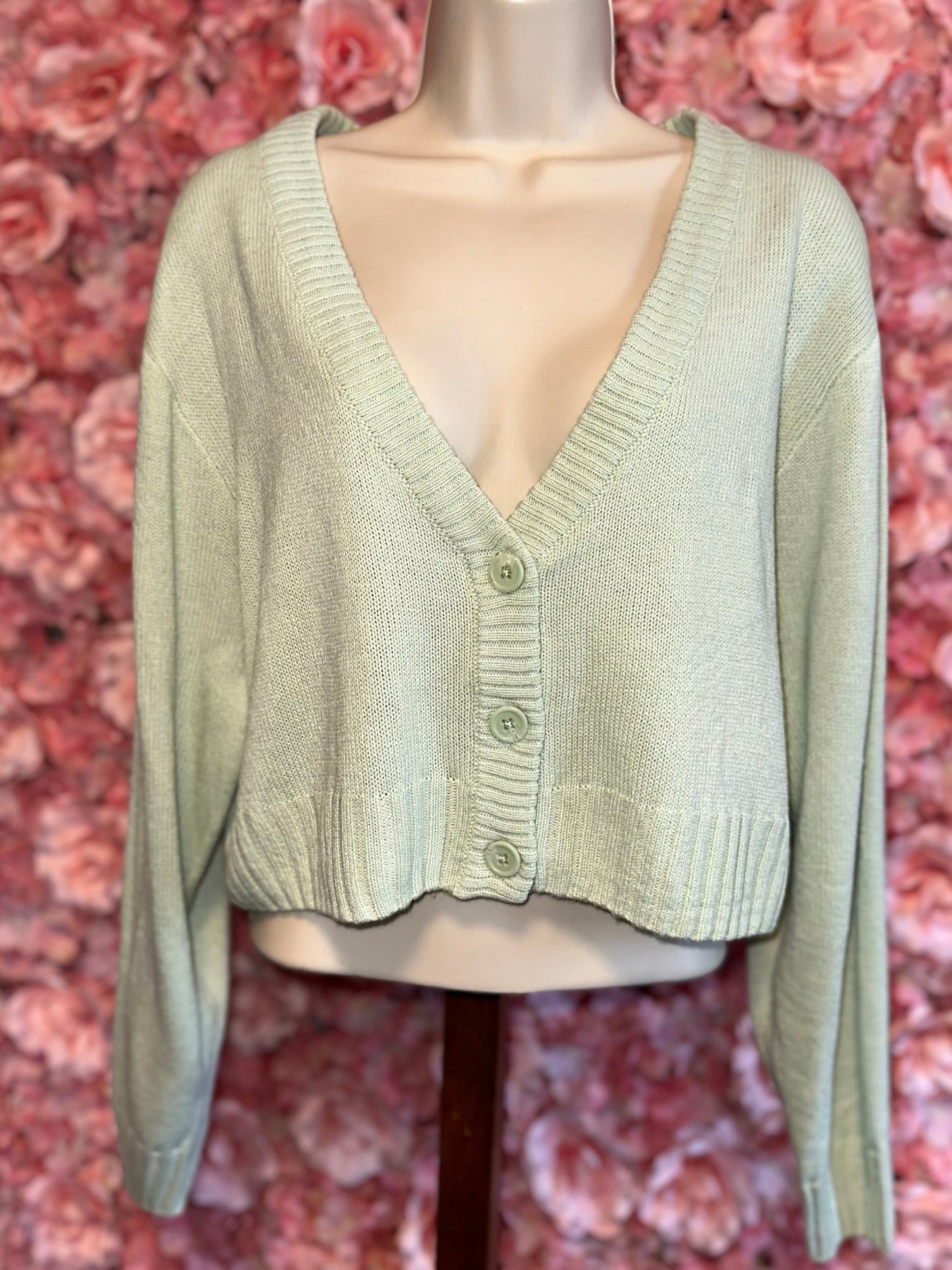 Divided (Large) Mint Green Button Up Knit Cropped Sweater Cardigan