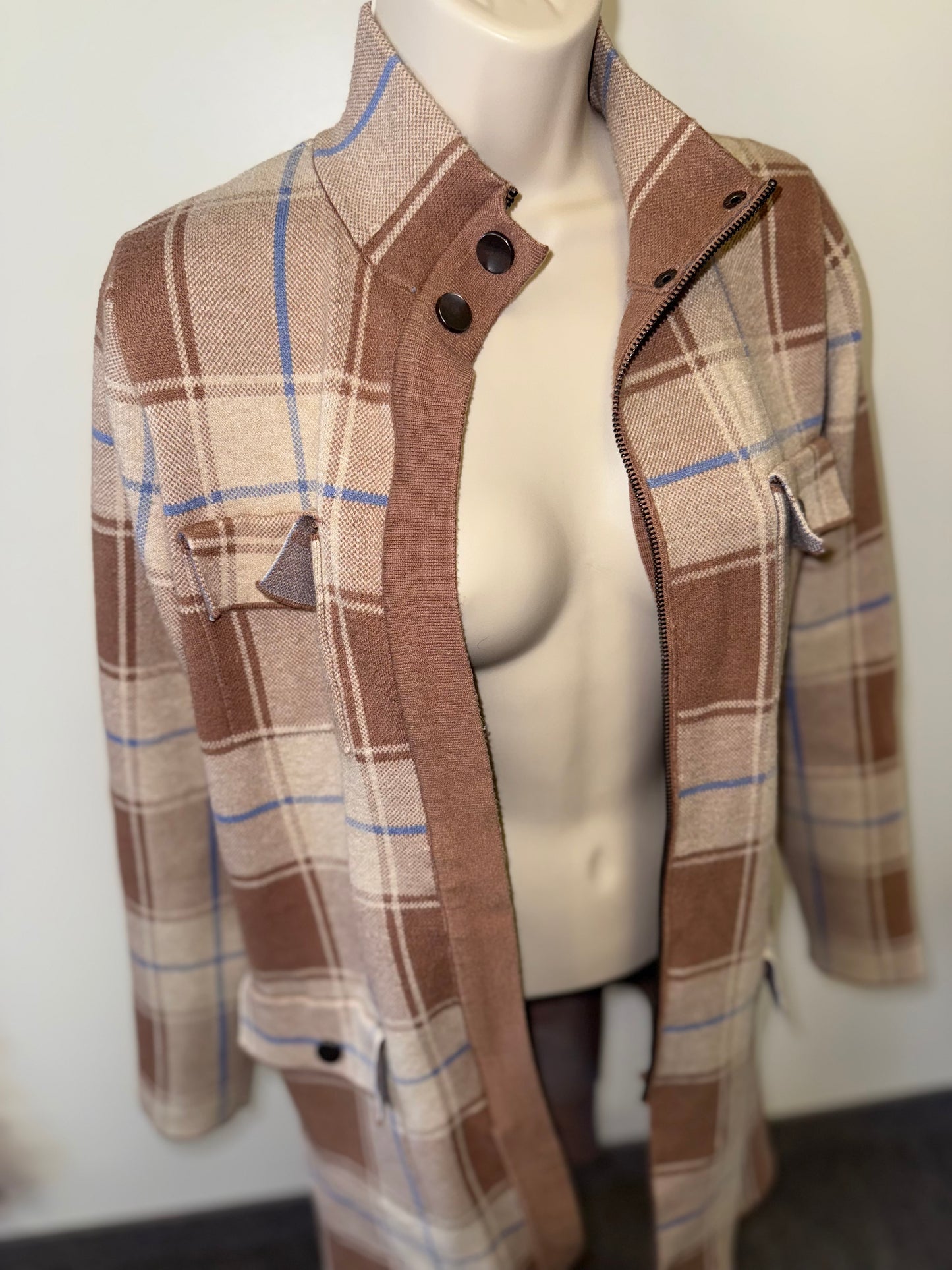 Max Studio (Large) Brown//Blue Plaid Zip Up Trench Coat