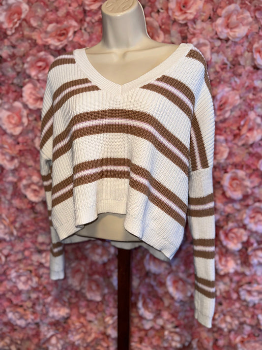 L.A Hearts (Small) Neutral Striped Knit V-Neck Cropped Sweater